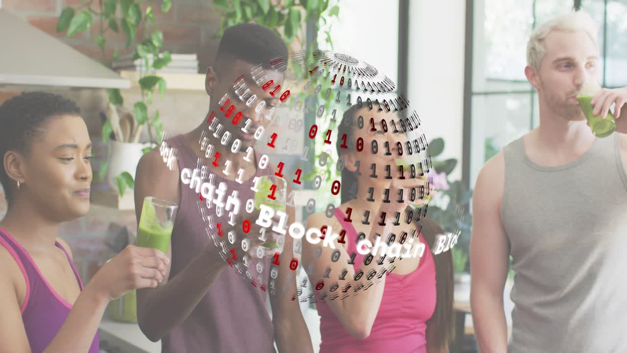 운동 그룹이 스무디를 마시며 네 번째 멤버가 합류하는 동안 카운터 위에서 블록체인 오브를 회전시키고 있어요