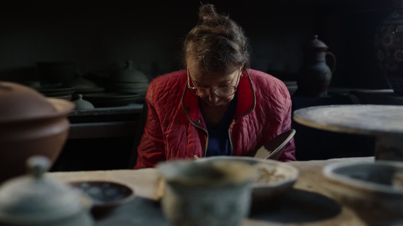 Donna anziana che lavora con argilla bagnata in laboratorio. La signora realizza un manufatto in studio.