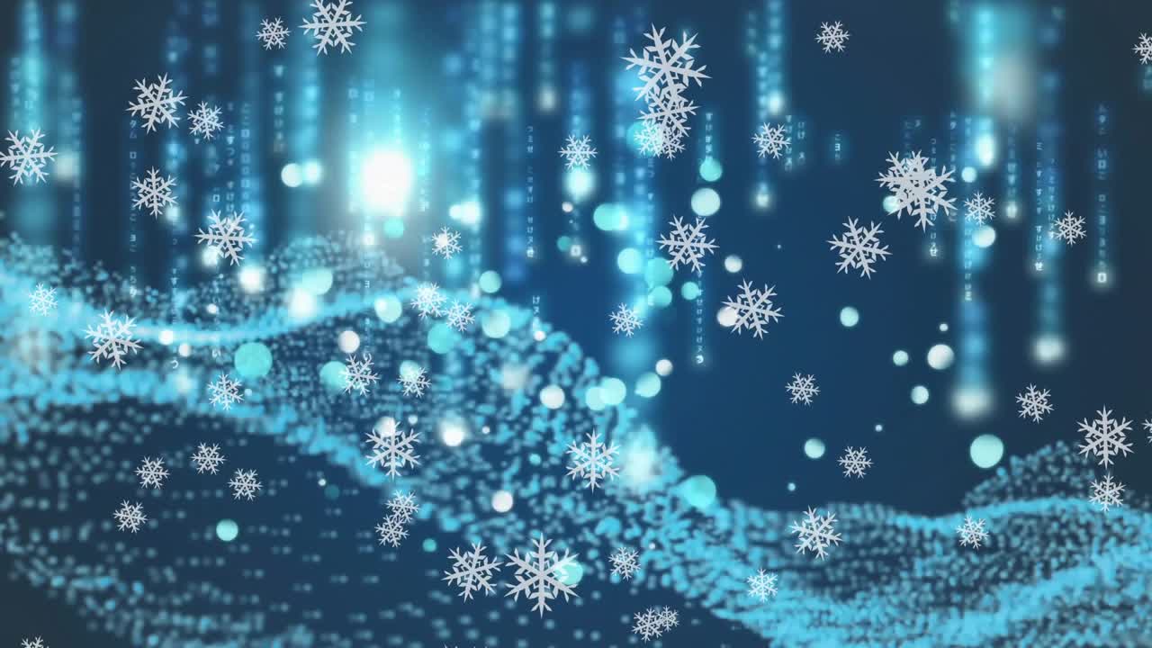 Wave appearing left moving center while snowflakes drifting and cyan streaks rising forming scene