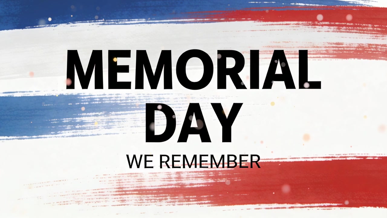 Rozpoczynająca się animacja z tytułem „MEMORIAL DAY” pulsującym na pasach farby, z napisem „WE REMEMBER” i dryfującymi cząsteczkami.