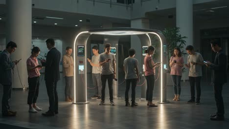 a group of individuals interacting with technology in an urban space, engaged with their smartphones and connected through a modern charging station, illuminated in soft light