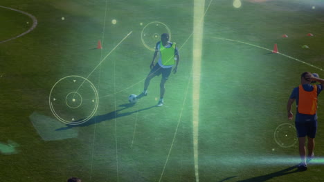 animation of data processing over diverse male soccer players playing