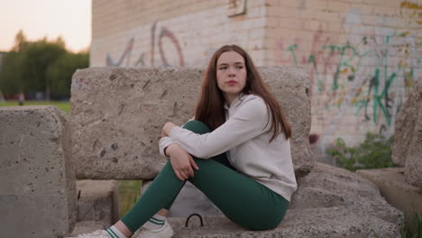 lady reflects on life challenges sitting on concrete rocks. woman considers solutions to mental problems and prospect of future plans near abandoned building