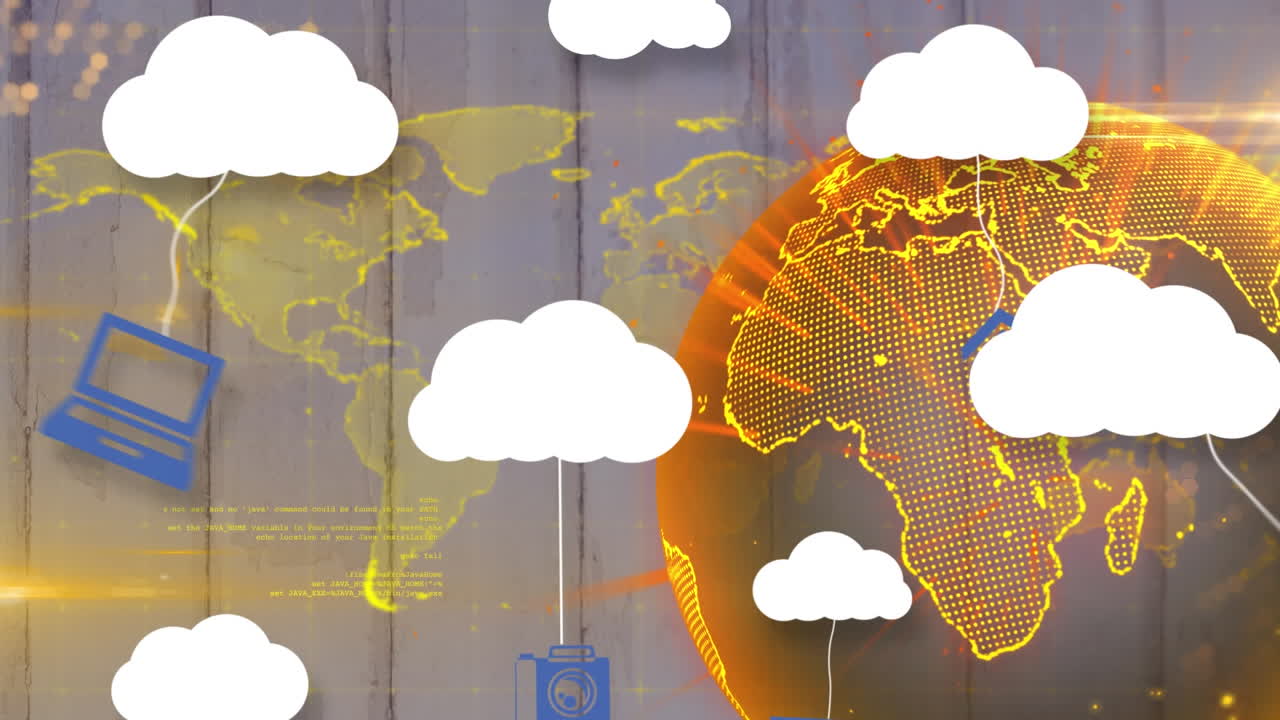 구름과 디지털 아이콘의 애니메이션이 배경으로 회전하는 지구 위에 있습니다.