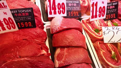 various cuts of beef and pork on sale