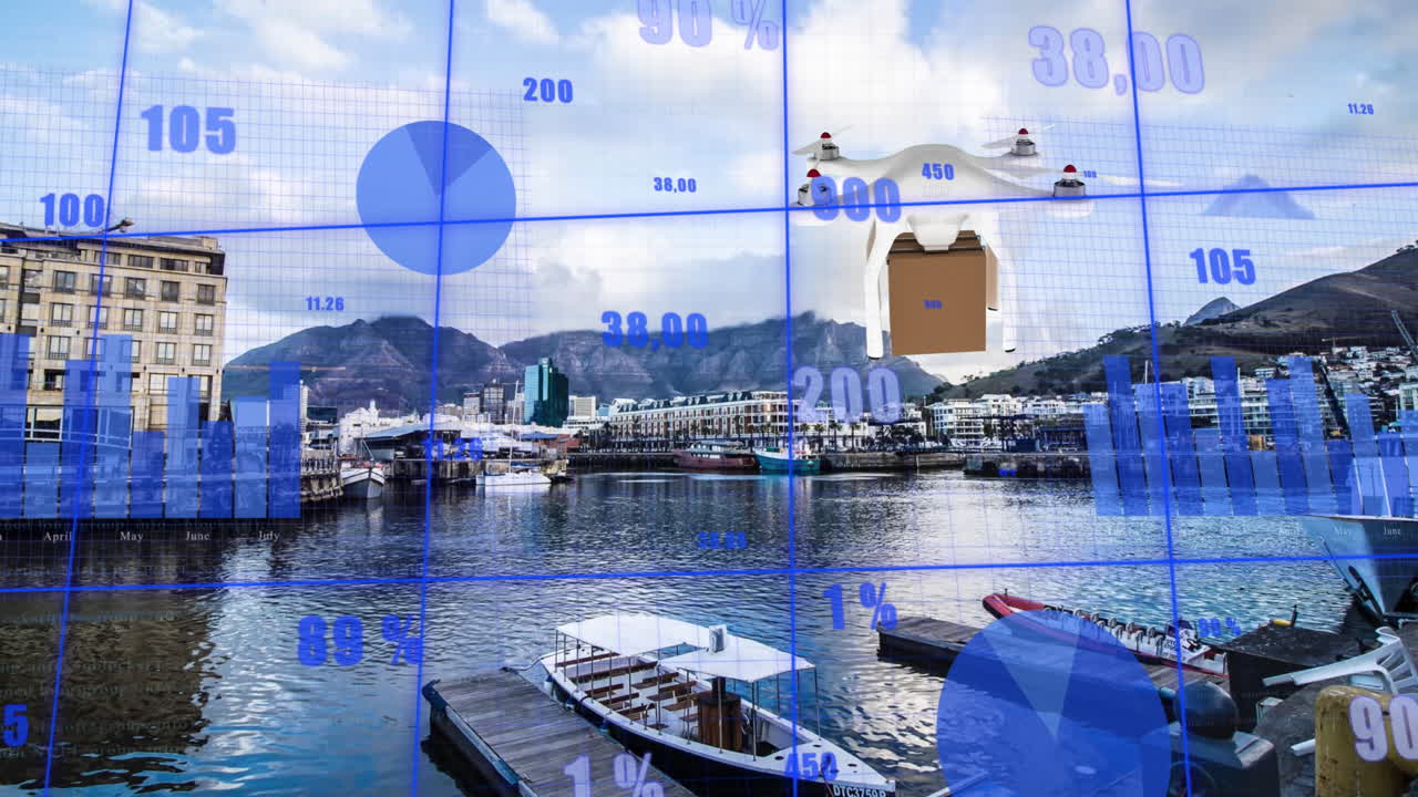 무인기 및 도시 풍경에 대한 데이터 처리의 애니메이션