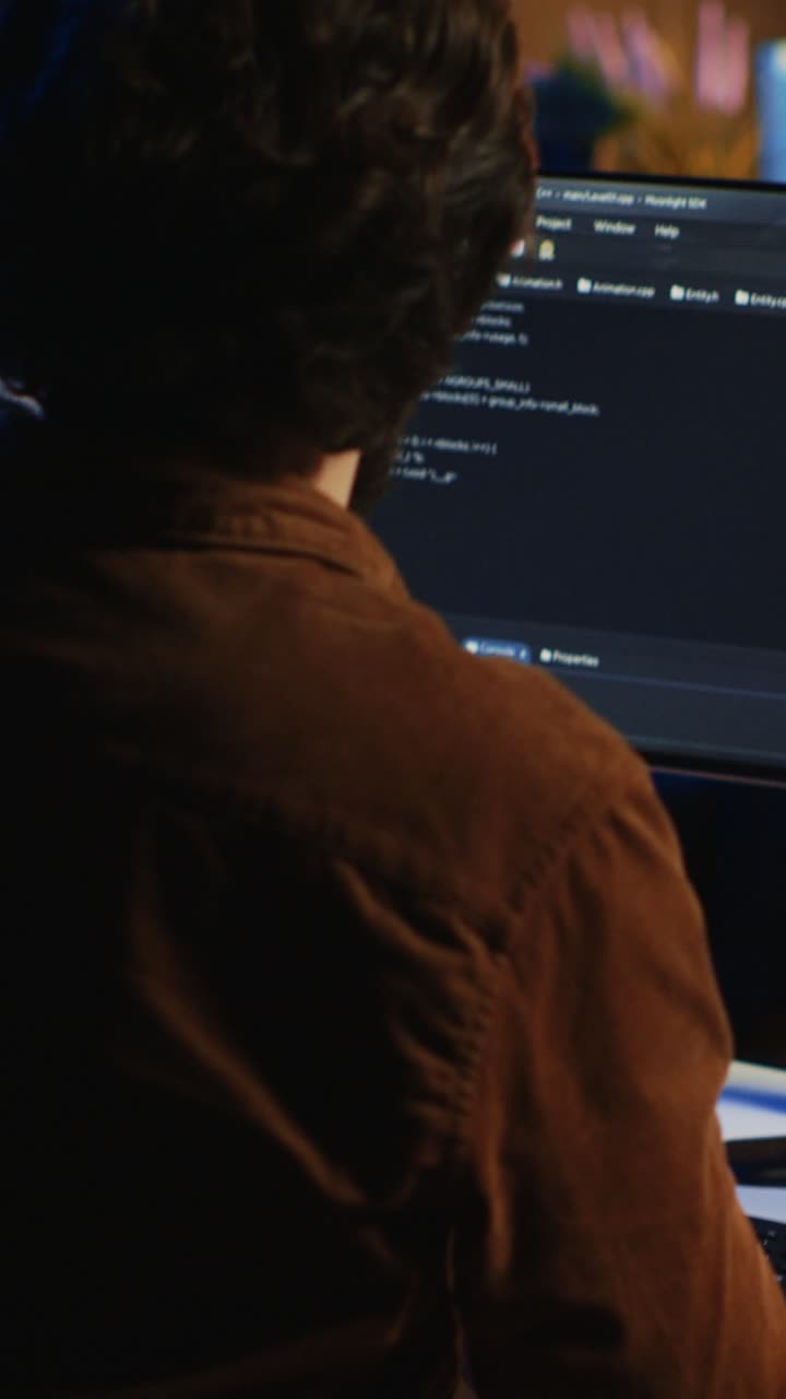 Man Working on Computer and Coding Late at Night