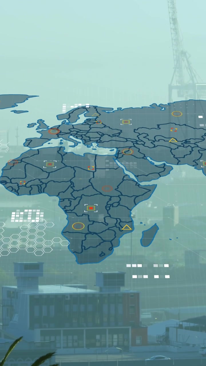 Animation of data processing over world map against aerial view of cityscape