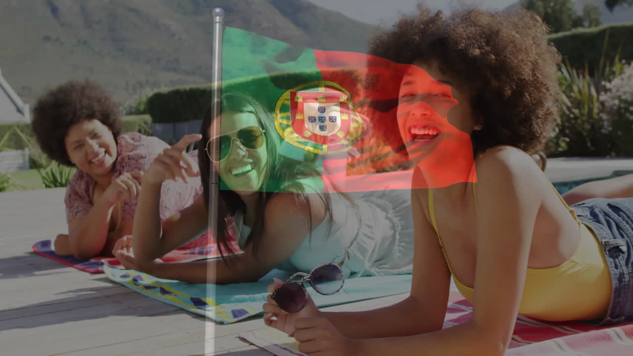 Relaxing by pool, women with Portugal flag animation in sunny outdoor setting