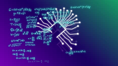 animación de un procesamiento de datos y iconos y fórmulas matemáticas