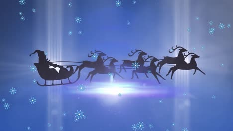 Animation-of-santa-claus-in-sleigh-with-reindeer-moving-over-snow-falling-on-blue-background