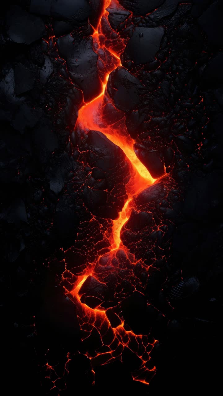 Vista aerea di fessure di lava incandescente attraverso rocce scure, che cattura l'energia cruda e intensa della natura
