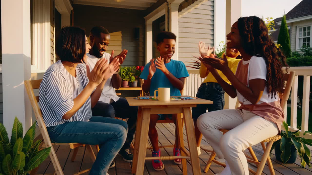 Joyful family playing games on the porch