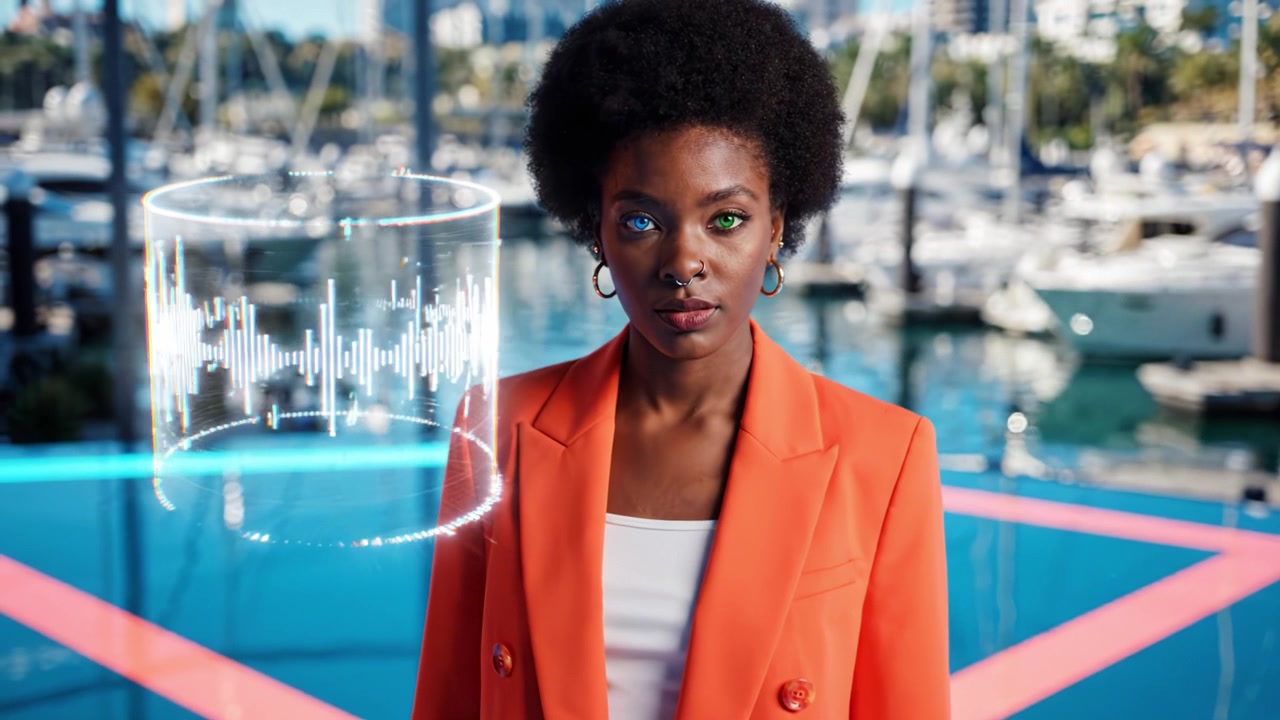 A Confident Woman in an Orange Blazer Stands by a Marina, Capturing Attention with Striking Green Eyes and a Stylish Presence Amidst Luxury Yachts