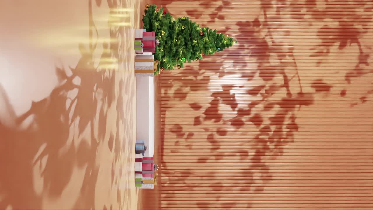 árbol de navidad con adornos y regalos envueltos en un piso verde contra un fondo amarillo