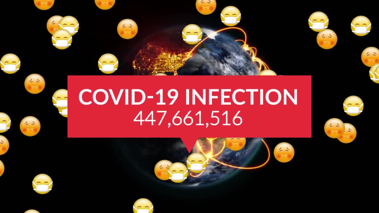 검은 바탕에 날아다니는 이모지 그룹 위에 쓰여진 코로나19 감염이라는 단어와 함께 숫자가 증가하고 있습니다.
