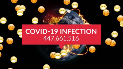palabras infección por covid-19 con números crecientes escritas sobre un grupo de emojis volando en fondo negro