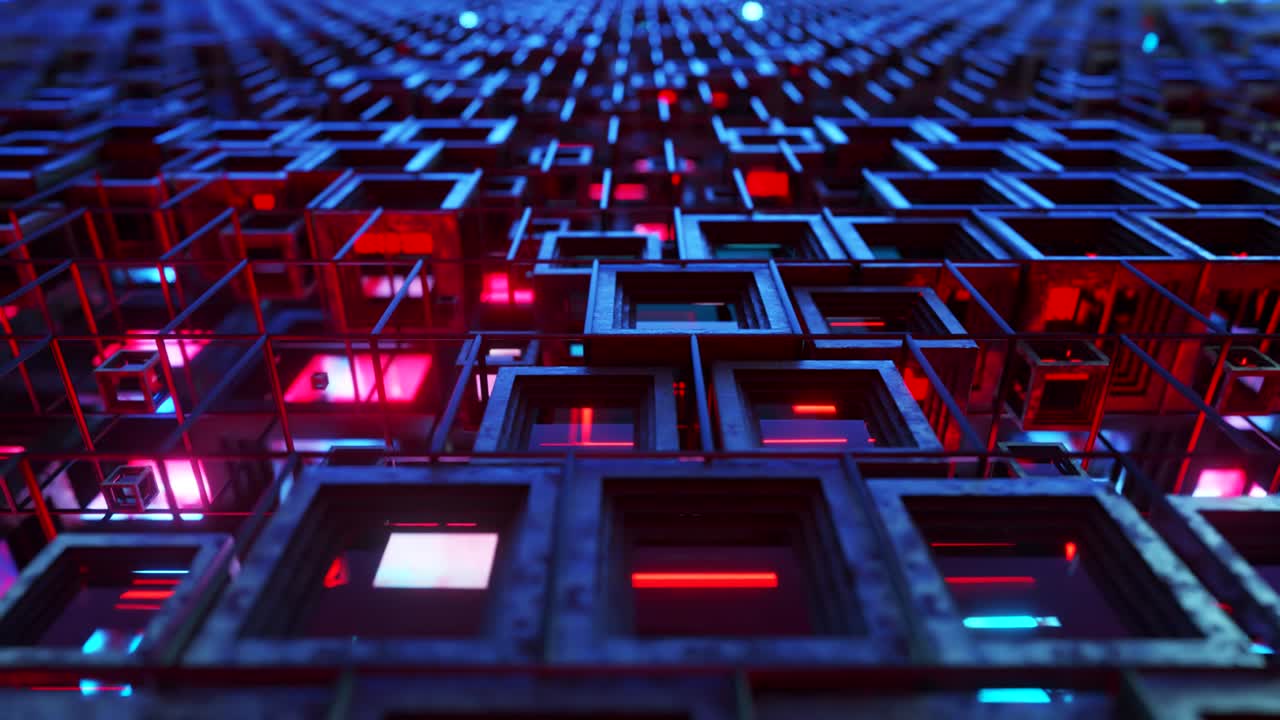 animación 3d de coloridas filas de vidrio de cubos flotando a través del prog en 4k, creando una textura de tecnología de fondo gráfica abstracta.