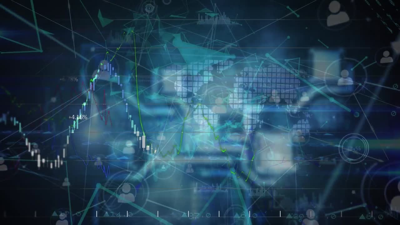 animación de datos financieros, iconos y circuitos integrados
