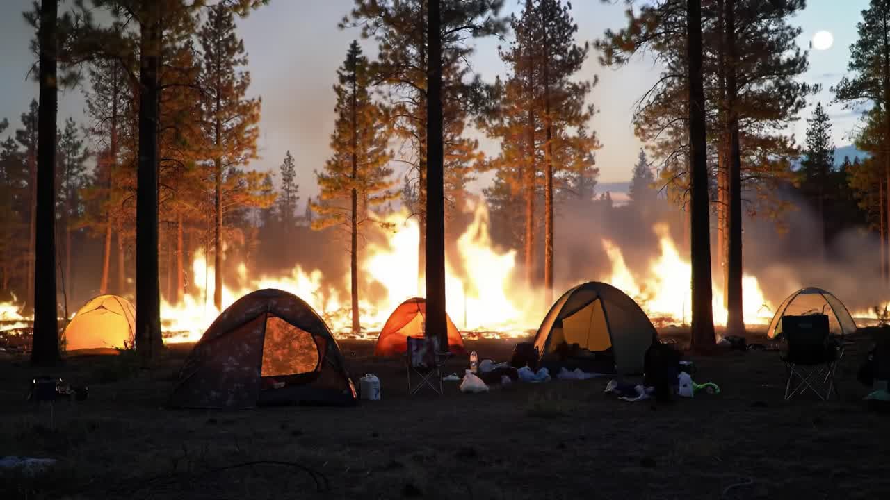 Fire Threatens Campsite: A Dramatic View of Burning Forest Amid Tents and Nature's Beauty at Dusk