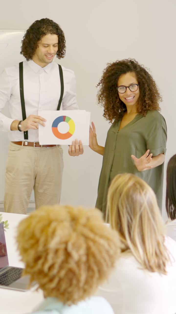 Woman using graphic during a presentation in a meeting room