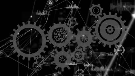 Animation-on-moving-gears-and-network-of-connections-on-black-background