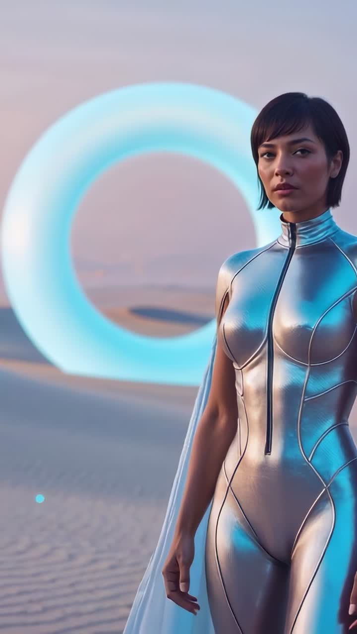 Vertical video: Pulling back camera revealing woman in suit in desert, glowing ring, copy space