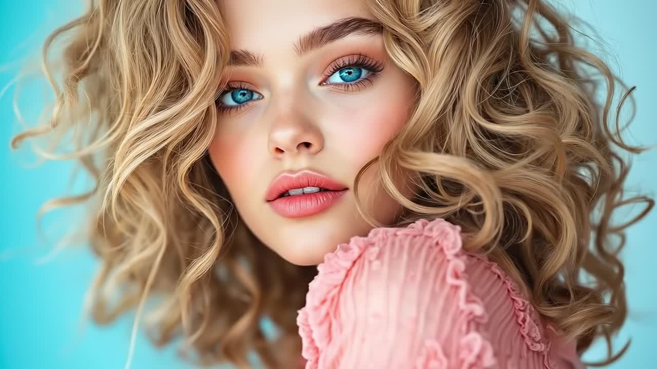Una donna con capelli biondi e occhi azzurri che indossa un vestito rosa