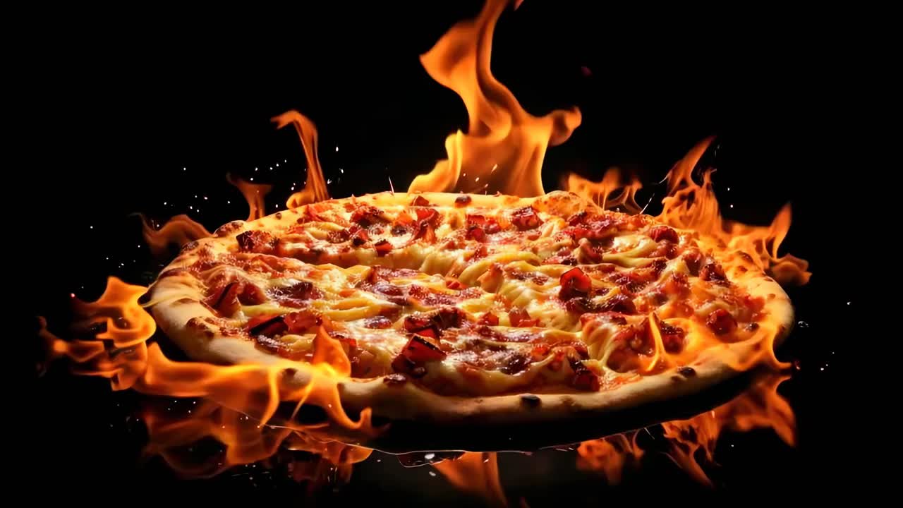 A dynamic video shot of a pizza engulfed in flames against a black background, captured from a low