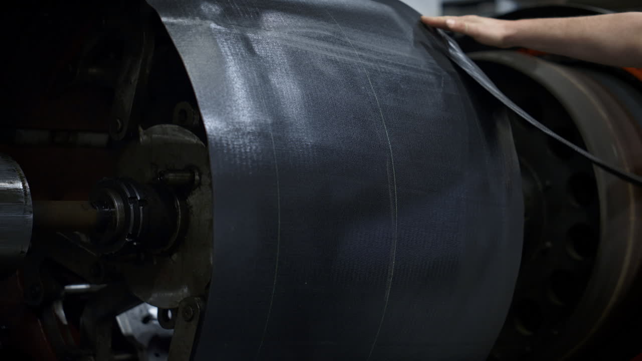 trabajador de una fábrica de neumáticos de caucho colocando cinta en una máquina de fabricación en un almacén