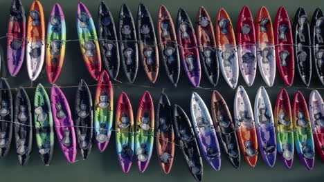 aerial top view of a group of canoes in lake