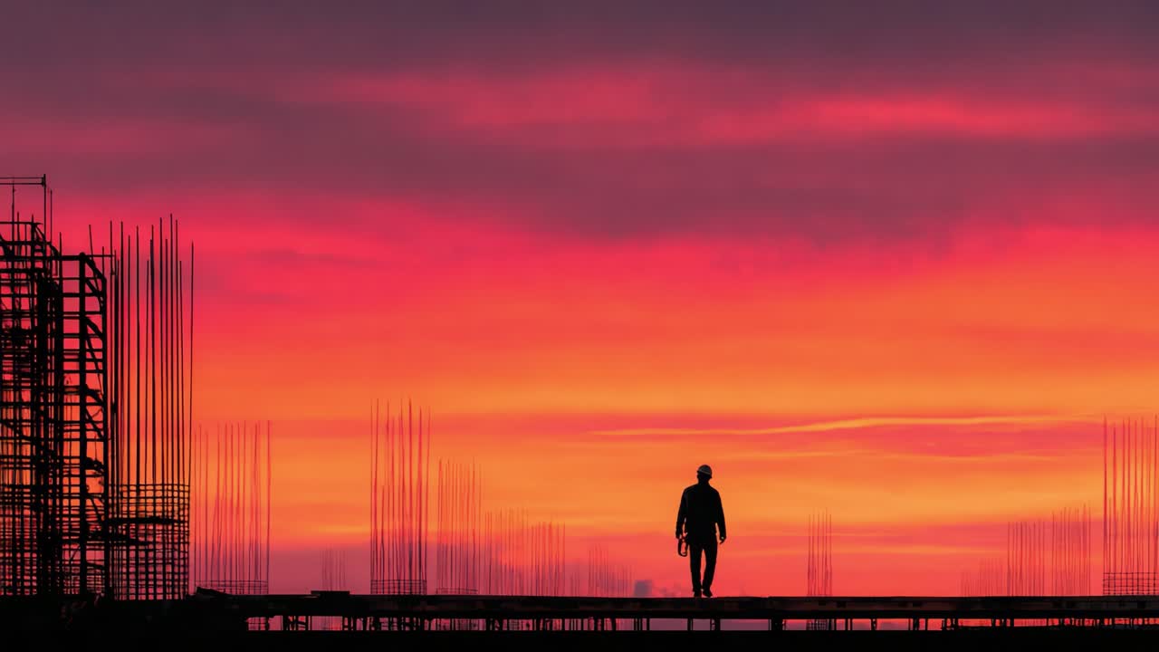 Silhouette of a Construction Worker Against a Vibrant Sunset, Capturing a Moment of Labor and Persistence Amidst Rising Structures