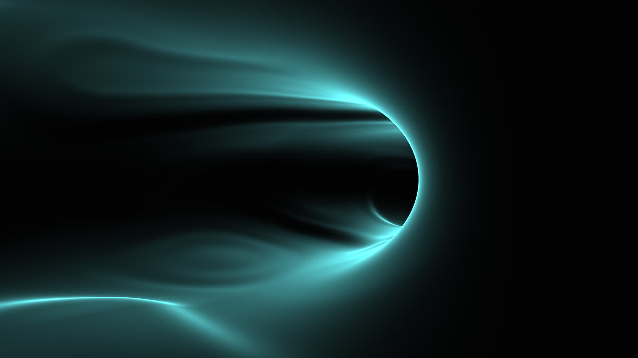 Abstrakte teal lysspor, der flyder i mørkt rum, futuristisk glødende energibaggrund