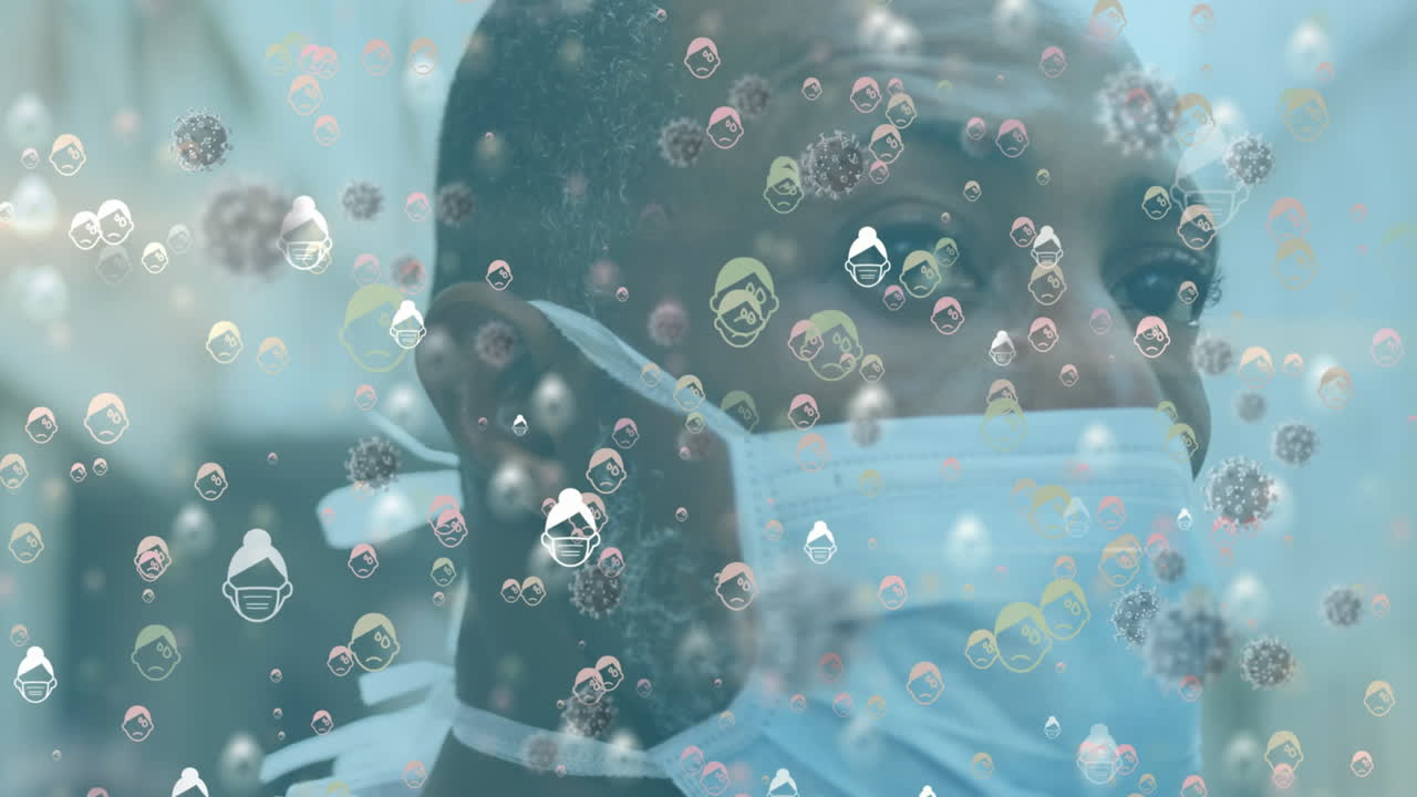 코로나바이러스 세포의 애니메이션 얼굴 마스크를 착용한 남자