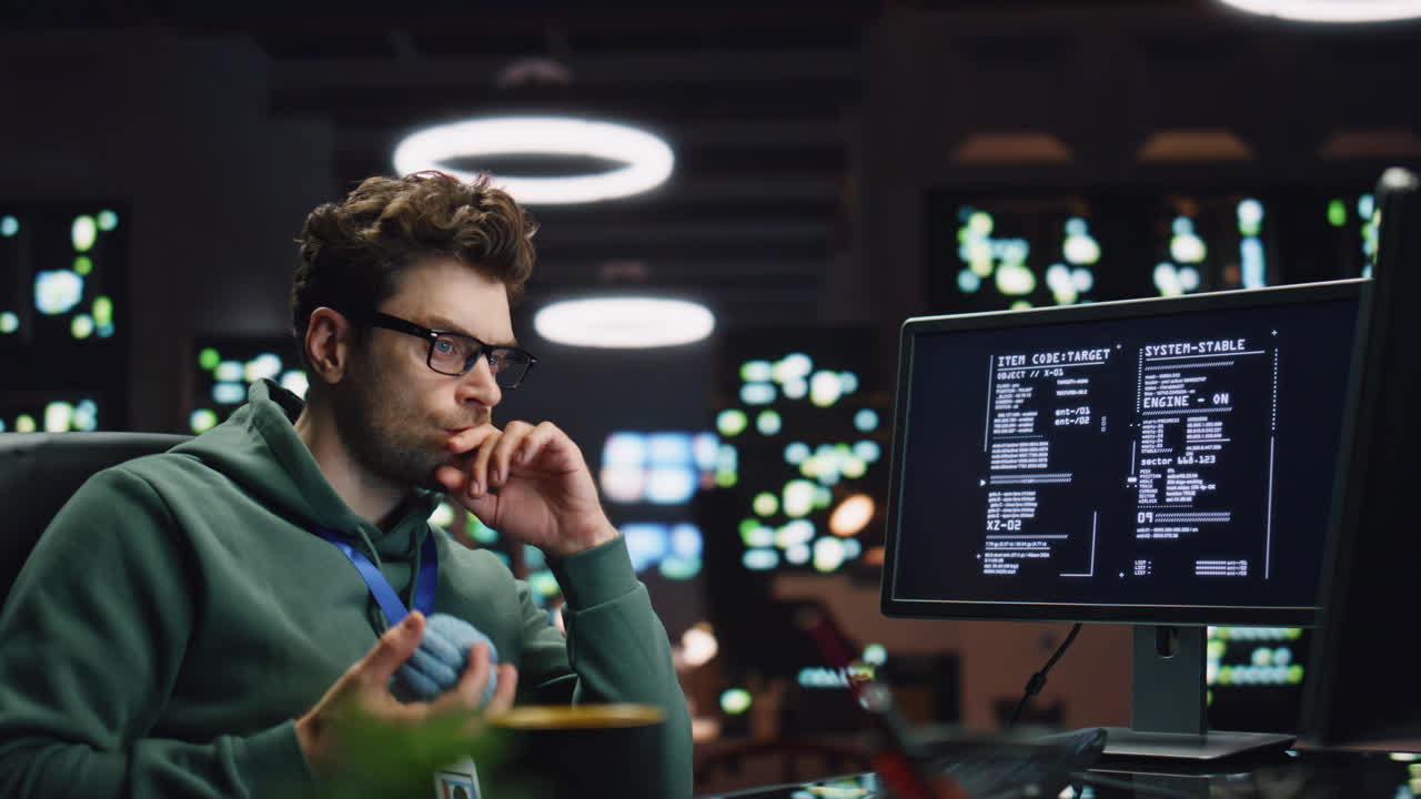 desarrollador de software que trabaja en una computadora en la sala de servidores.