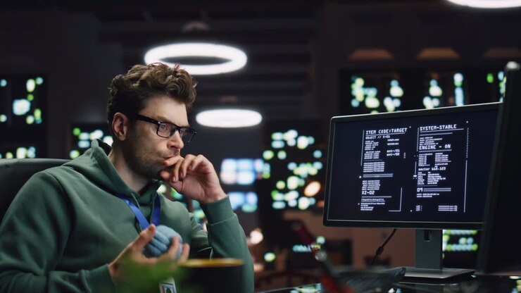 Pondering software developer working computer at server room closeup. IT worker