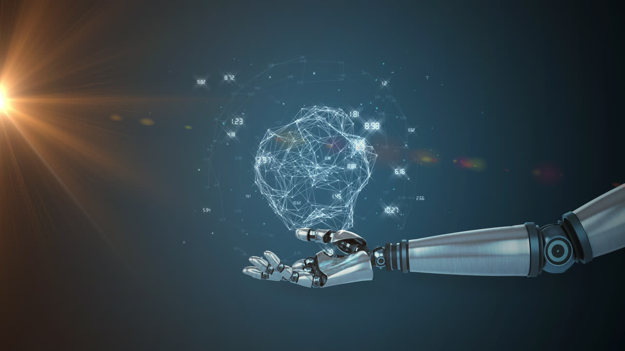 animación de las conexiones sobre la mano del robot en fondo marino con luz