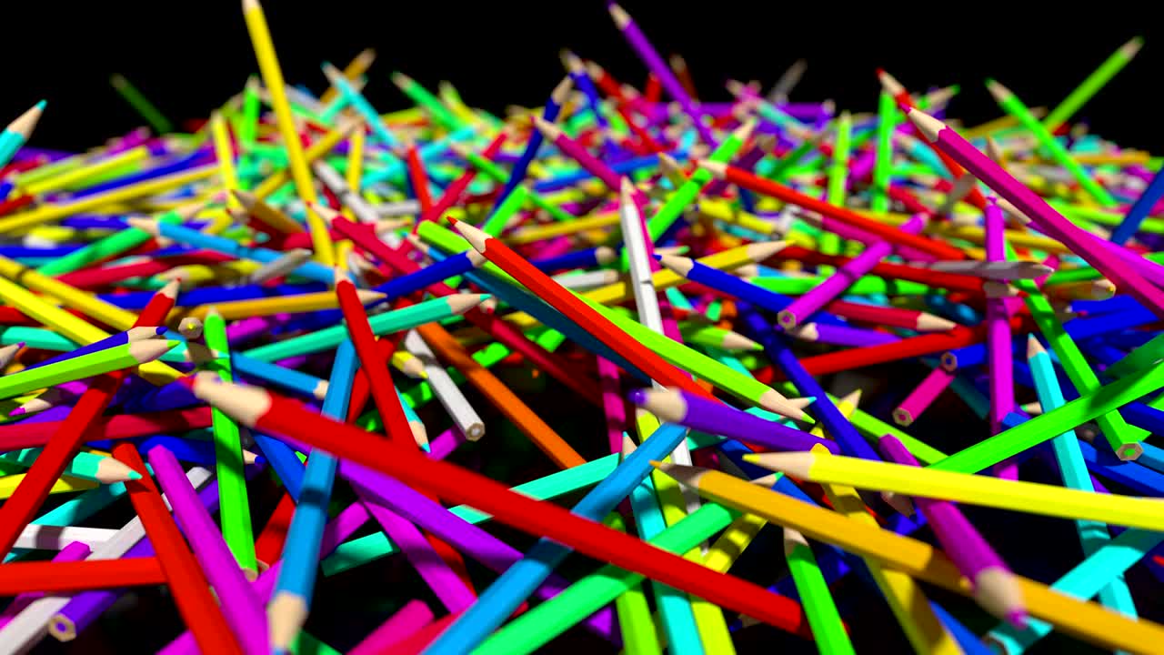 다채로운 연필이 떨어지는 3d 애니메이션