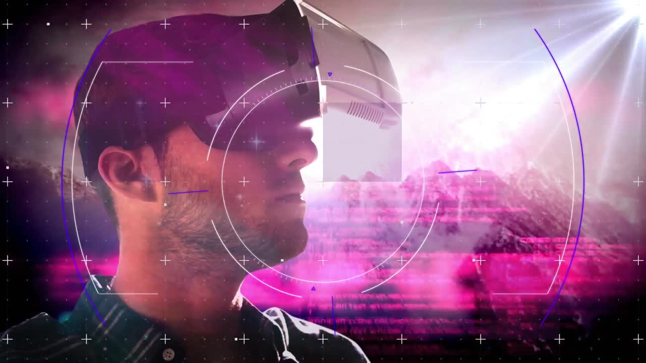 Animation of scope scanning and data processing over man wearing vr headset