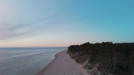 Aerial-Birdseye-View-of-Baltic-Sea-Coast-on-a-Sunny-Day,-Seashore-Dunes-Damaged-by-Waves,-Broken-Pine-Trees,-Coastal-Erosion,-Climate-Changes,-Wide-Angle-Drone-Shot