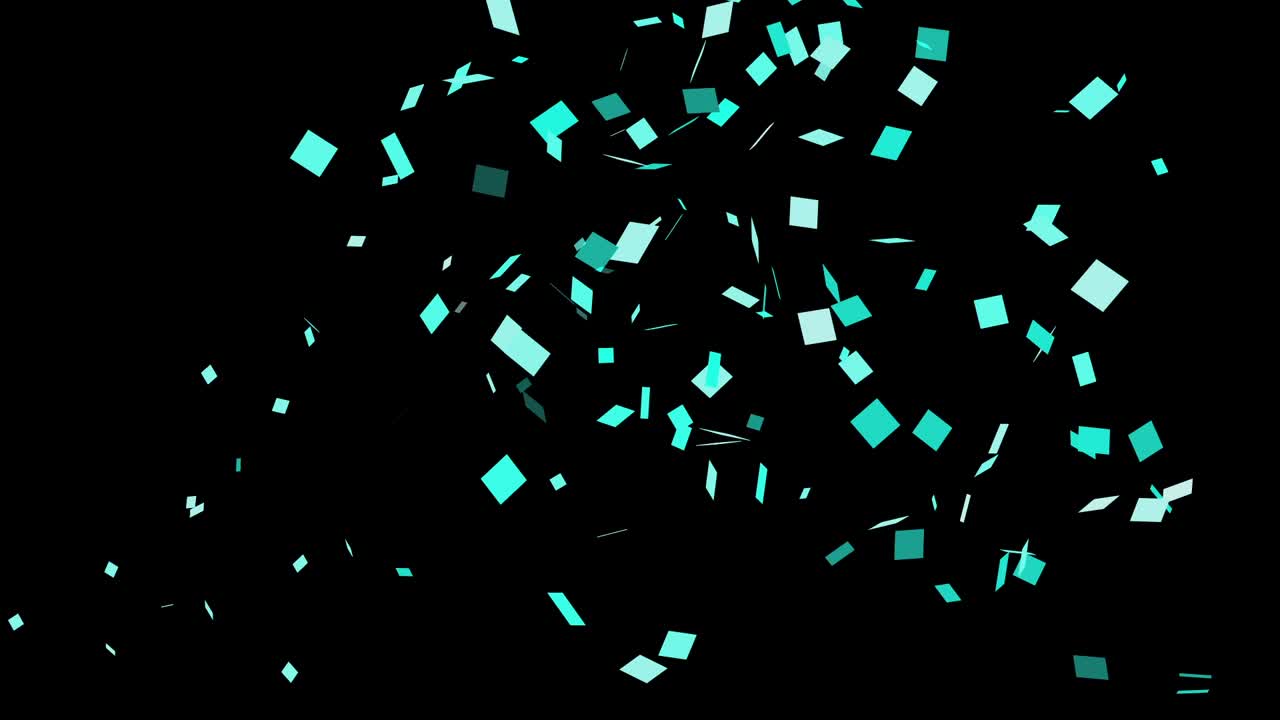 A burst of green and white confetti explodes from the center and slowly falls. Isolated on a black background with alpha channel for easy overlay. Perfect for parties, celebrations, and events