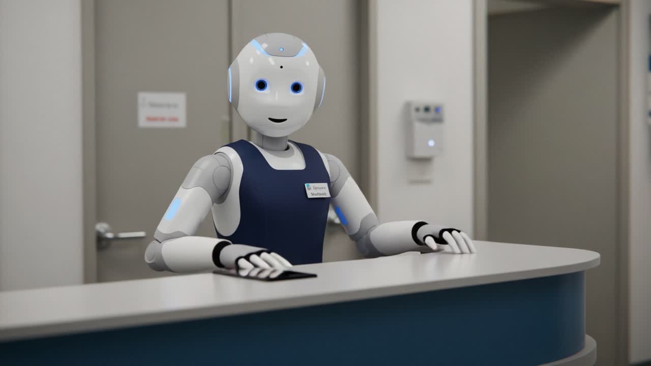 A Friendly Reception Robot Ready to Assist at the Front Desk, Showcasing Advanced AI Technology in a Modern Office Environment with a Welcoming Attitude