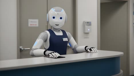 a friendly reception robot ready to assist at the front desk, showcasing advanced ai technology in a modern office environment with a welcoming attitude