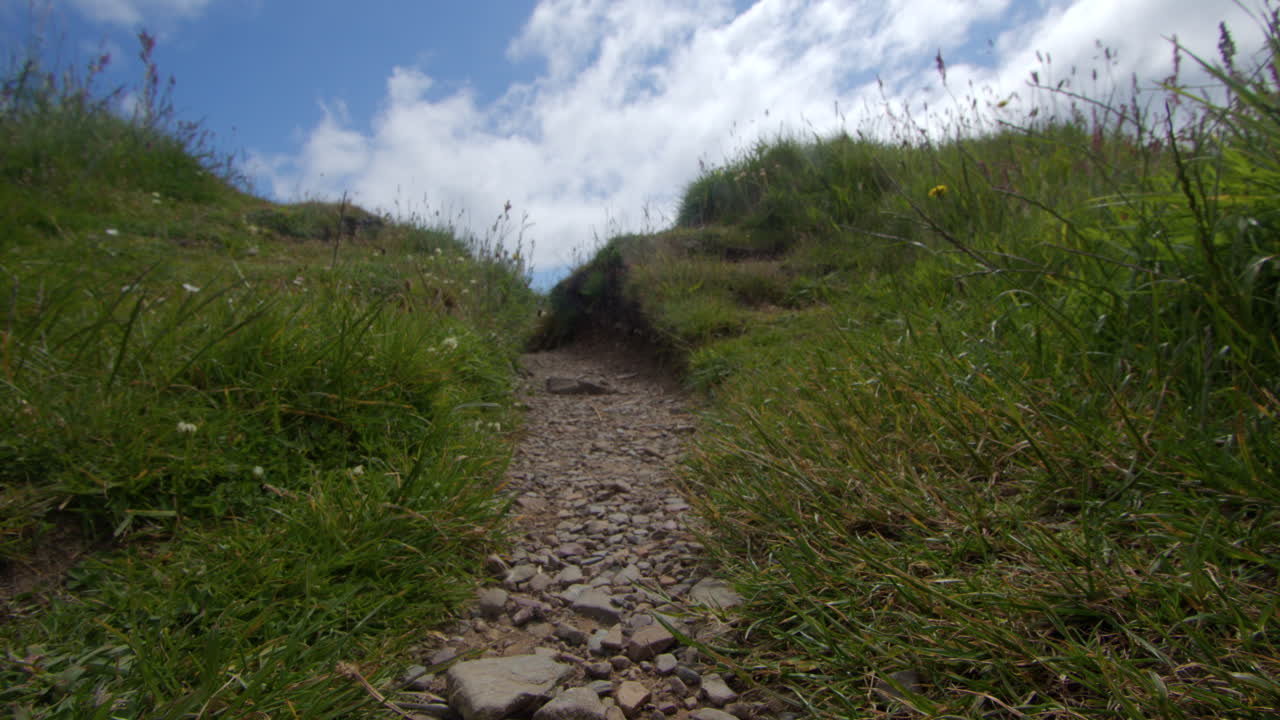 Rocky Path Through Grassy Hills