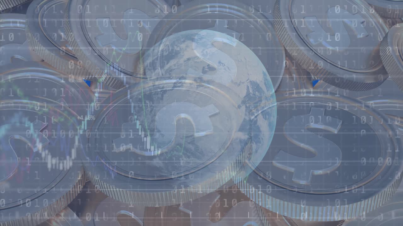 미국 달러 동전 위에 바이너리 코딩으로 금융 데이터 처리의 애니메이션