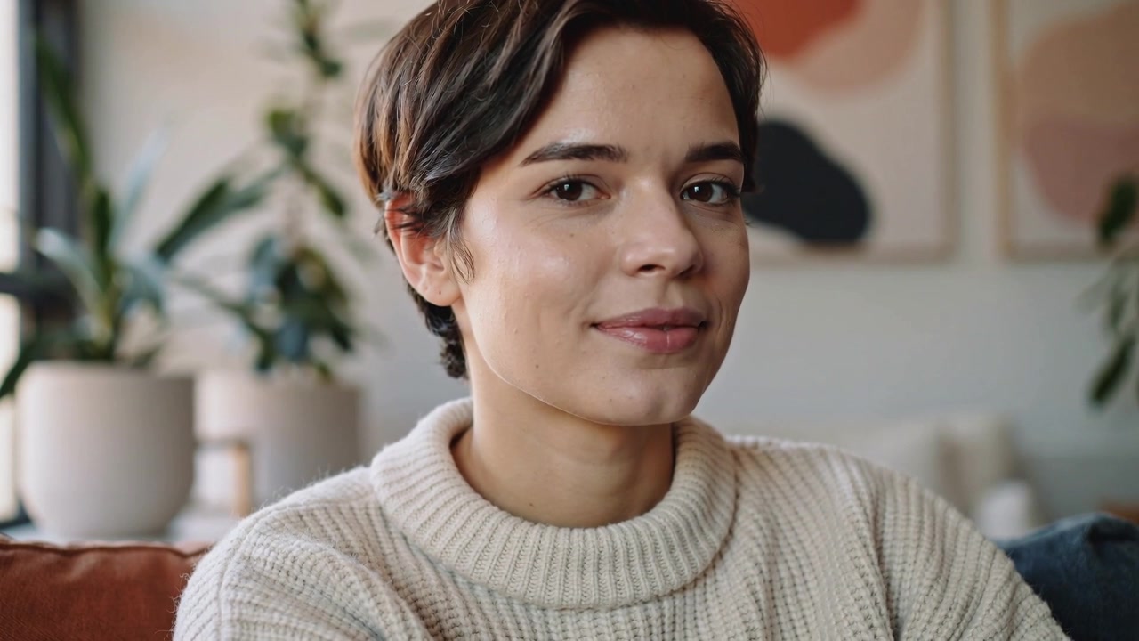 Smiling woman making head turns and blinking while sitting on couch, wearing cream sweater, plants