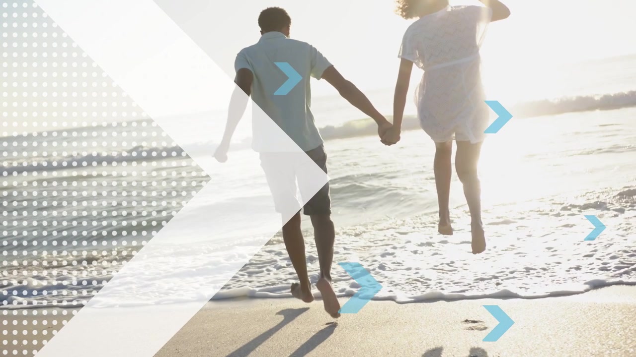 Pair holding hands leaving sand, running and jumping into surf as arrow or chevrons moving for ads