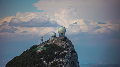 time-lapse of clouds moving behind the weather radar spheres in sunny gibraltar