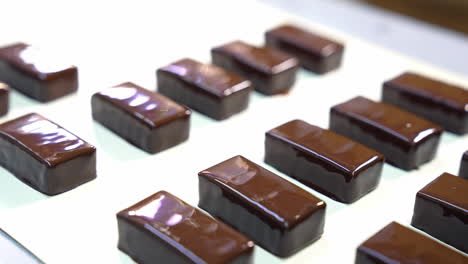 chocolate candy bars of pigeon's milk. shiny sweets move along the conveyor belt at the confectionery plant. close up.