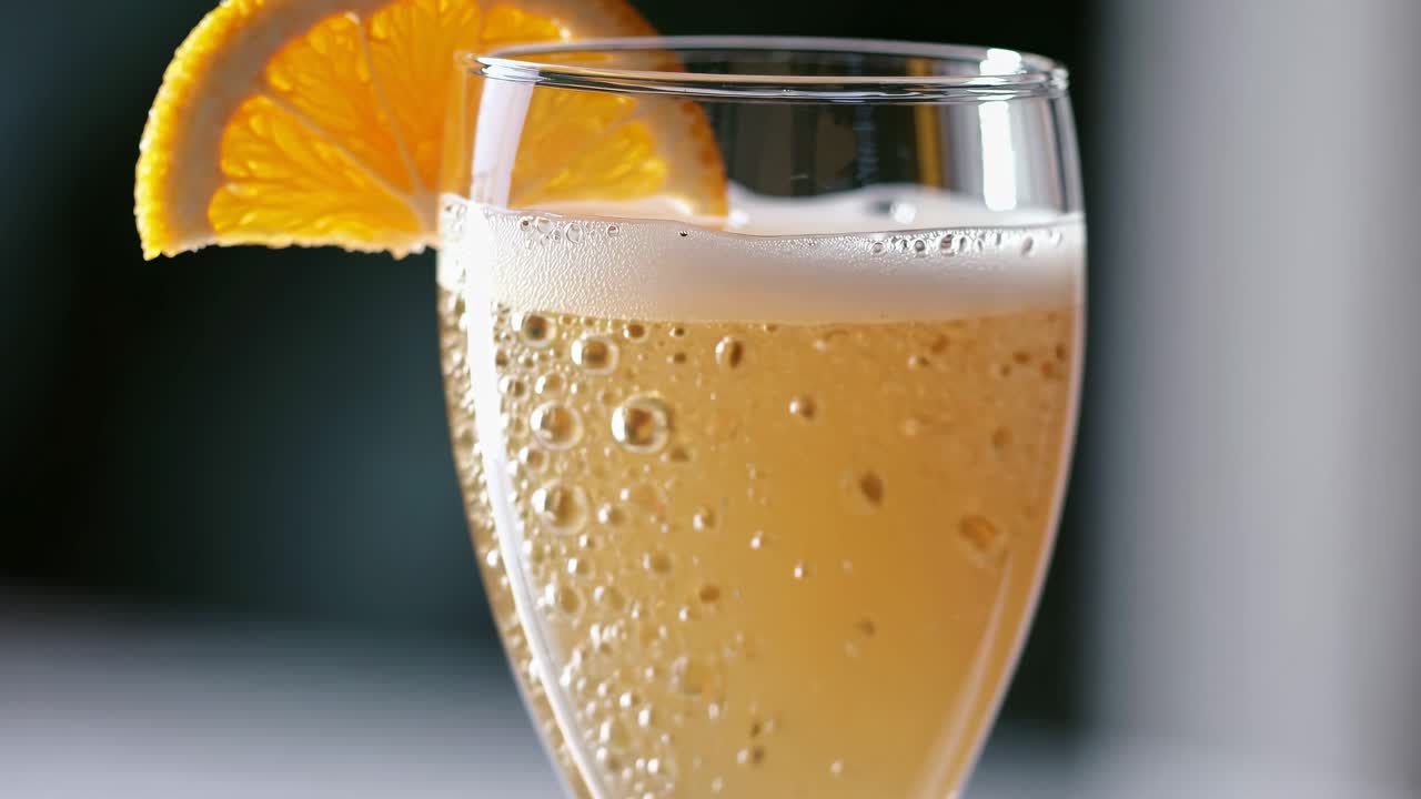Close-up video of a sparkling drink in a glass with an orange slice